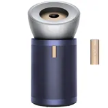 A tower air purifier with a circular bladeless fan design and a remote control on the side, featuring a combination of blue and metallic finishes.