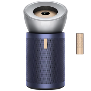 A tower air purifier with a circular bladeless fan design and a remote control on the side, featuring a combination of blue and metallic finishes.