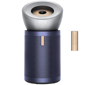 A tower air purifier with a circular bladeless fan design and a remote control on the side, featuring a combination of blue and metallic finishes.