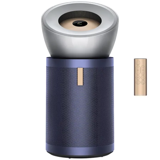 A tower air purifier with a circular bladeless fan design and a remote control on the side, featuring a combination of blue and metallic finishes.