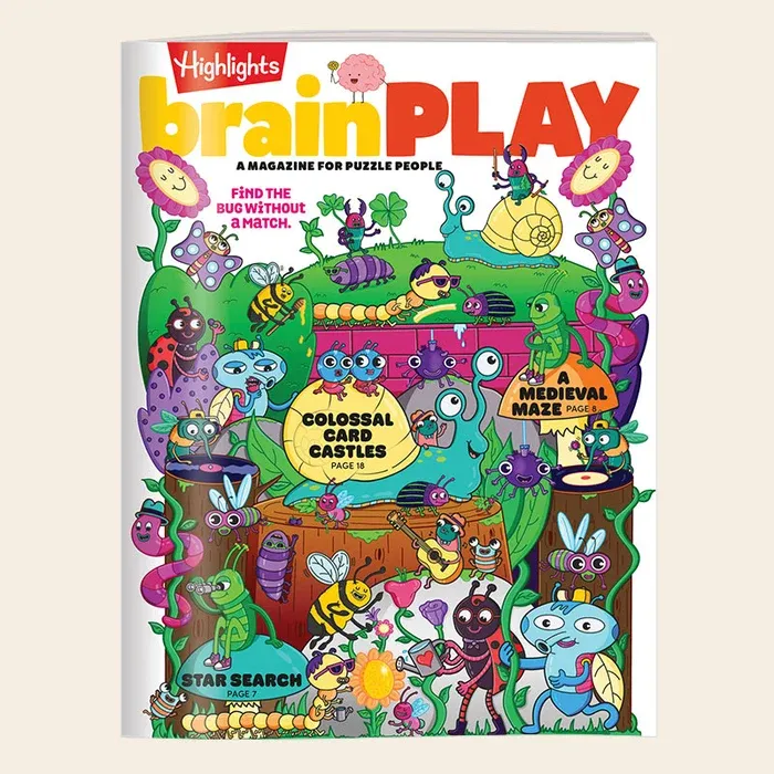 A colorful Highlights Brain Play magazine cover featuring whimsical cartoon creatures and puzzles.