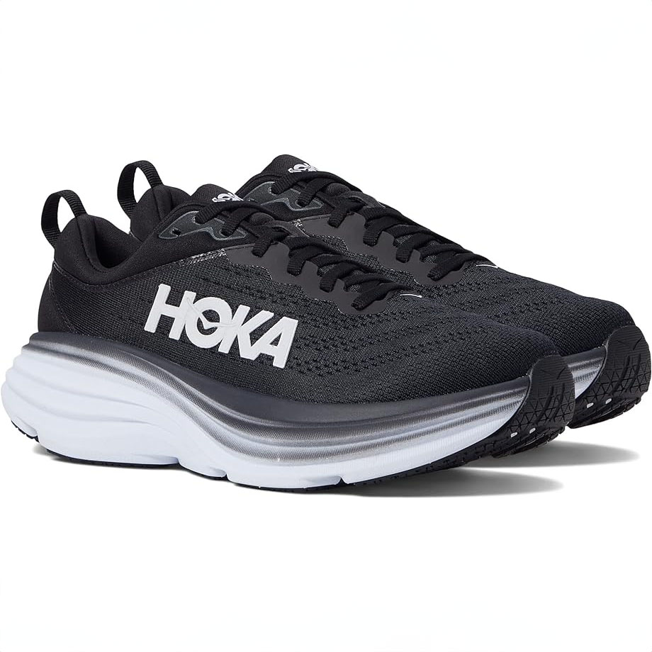 Hoka Bondi 8 Running Shoes are black with a thick cushioned white sole and feature the Hoka logo on the side. They offer a sleek design ideal for running, providing comfort and support.