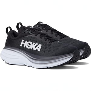 Hoka Bondi 8 Running Shoes are black with a thick cushioned white sole and feature the Hoka logo on the side. They offer a sleek design ideal for running, providing comfort and support.