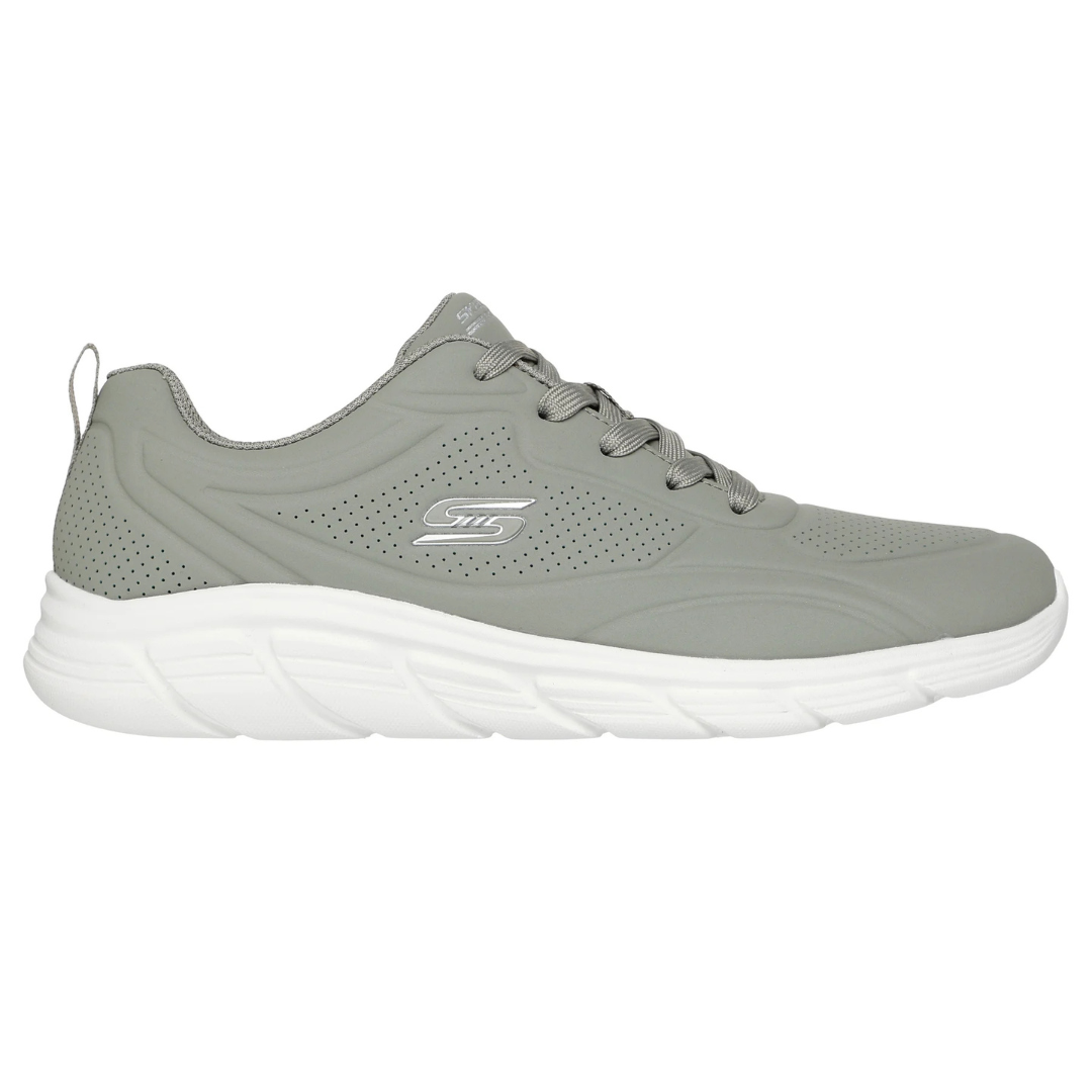 Gray athletic sneaker with a perforated upper and white cushioned sole, featuring a logo on the side.