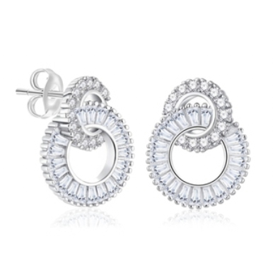 Pair of intertwined circular earrings featuring silver accents and embedded small clear stones, designed with a post and butterfly clutch back.