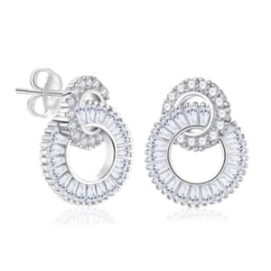 Pair of intertwined circular earrings featuring silver accents and embedded small clear stones, designed with a post and butterfly clutch back.
