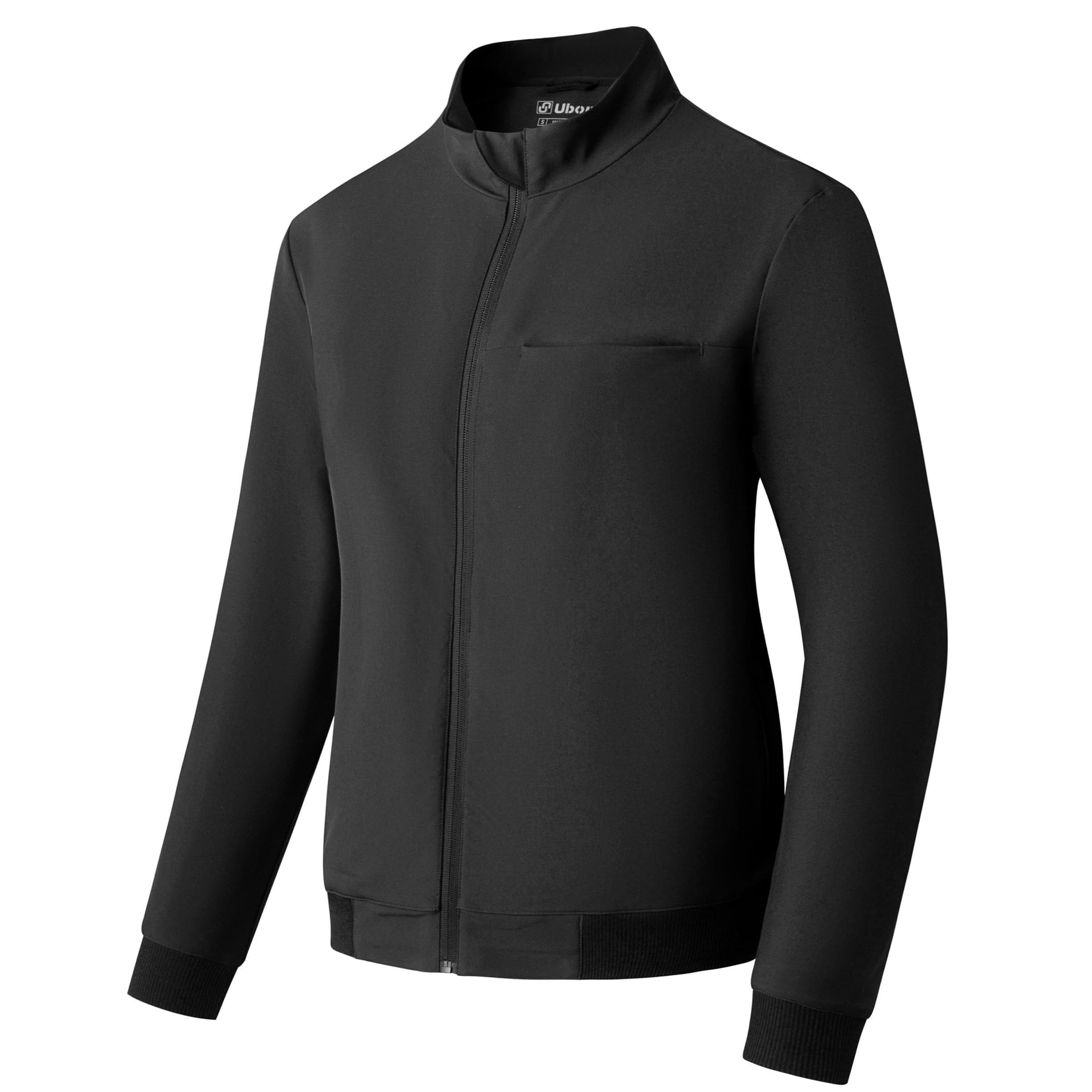 A sleek black women's workout jacket with a full zip front, long sleeves, and a high collar. It features ribbed cuffs and a minimalist design with a zipped pocket on the chest.