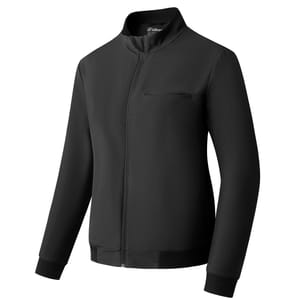 A sleek black women's workout jacket with a full zip front, long sleeves, and a high collar. It features ribbed cuffs and a minimalist design with a zipped pocket on the chest.