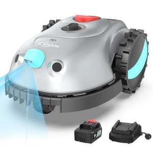 A robotic lawn mower with a compact design, featuring rugged wheels, a control knob, and an indicator light. It is accompanied by an 18V battery and a charging dock.