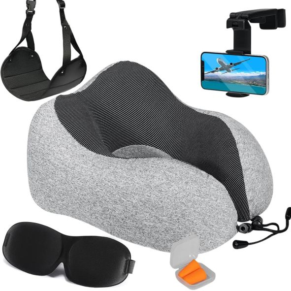 Travel set including a neck pillow, eye mask, phone holder, footrest, and earplugs.