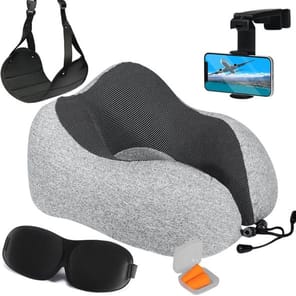 Travel set including a neck pillow, eye mask, phone holder, footrest, and earplugs.
