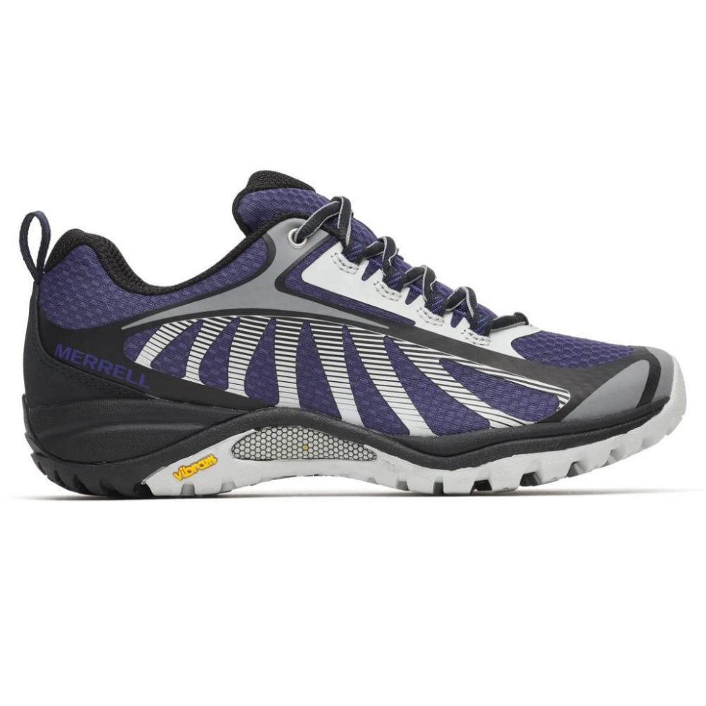 Merrell hiking shoe with a purple and gray color scheme, featuring a Vibram sole for traction.