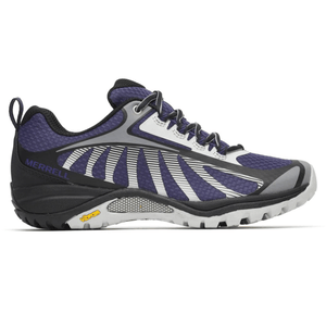 Merrell hiking shoe with a purple and gray color scheme, featuring a Vibram sole for traction.