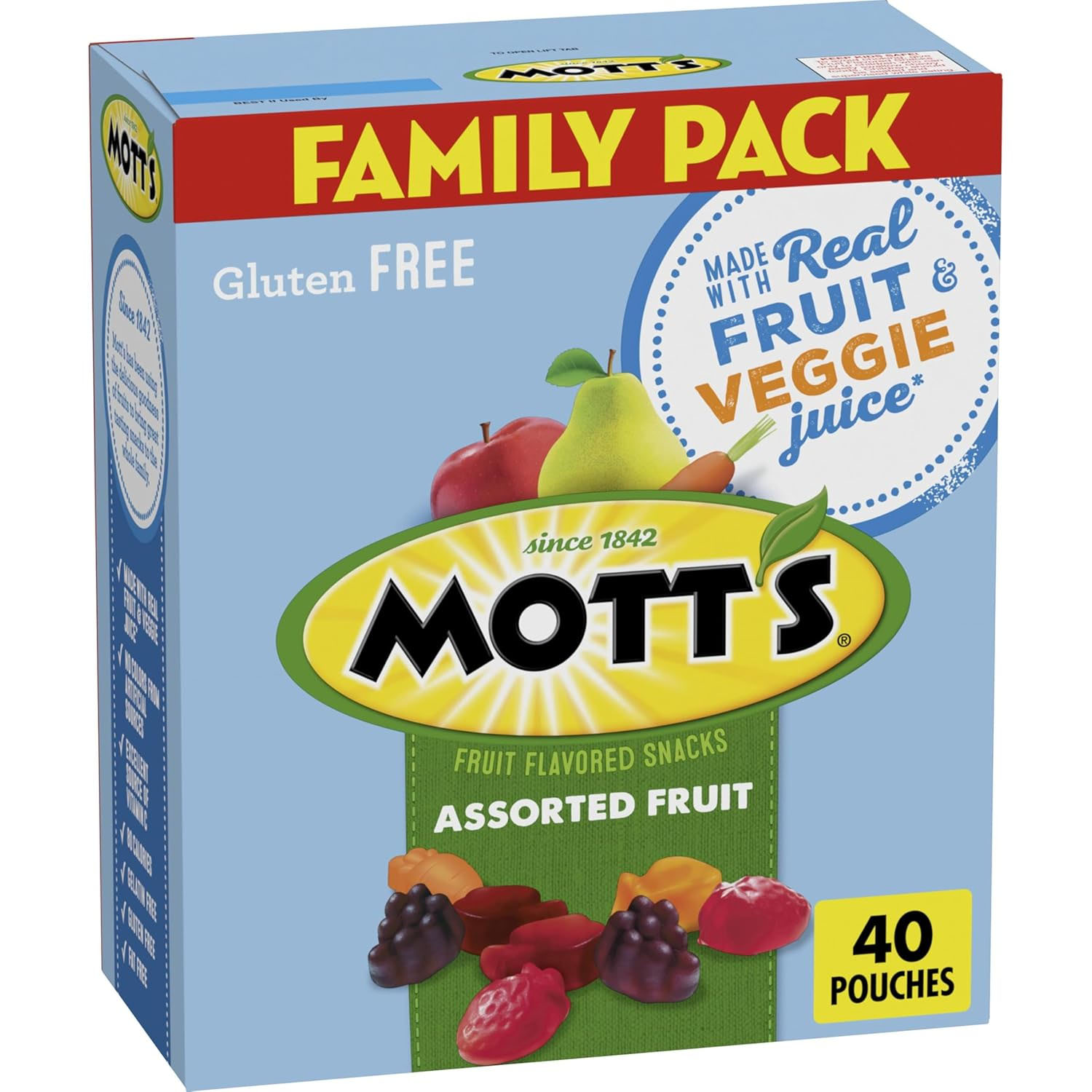 Mott's Assorted Fruit Flavored Snacks Family Pack: gluten-free, made with real fruit and veggie juice, contains 40 pouches.