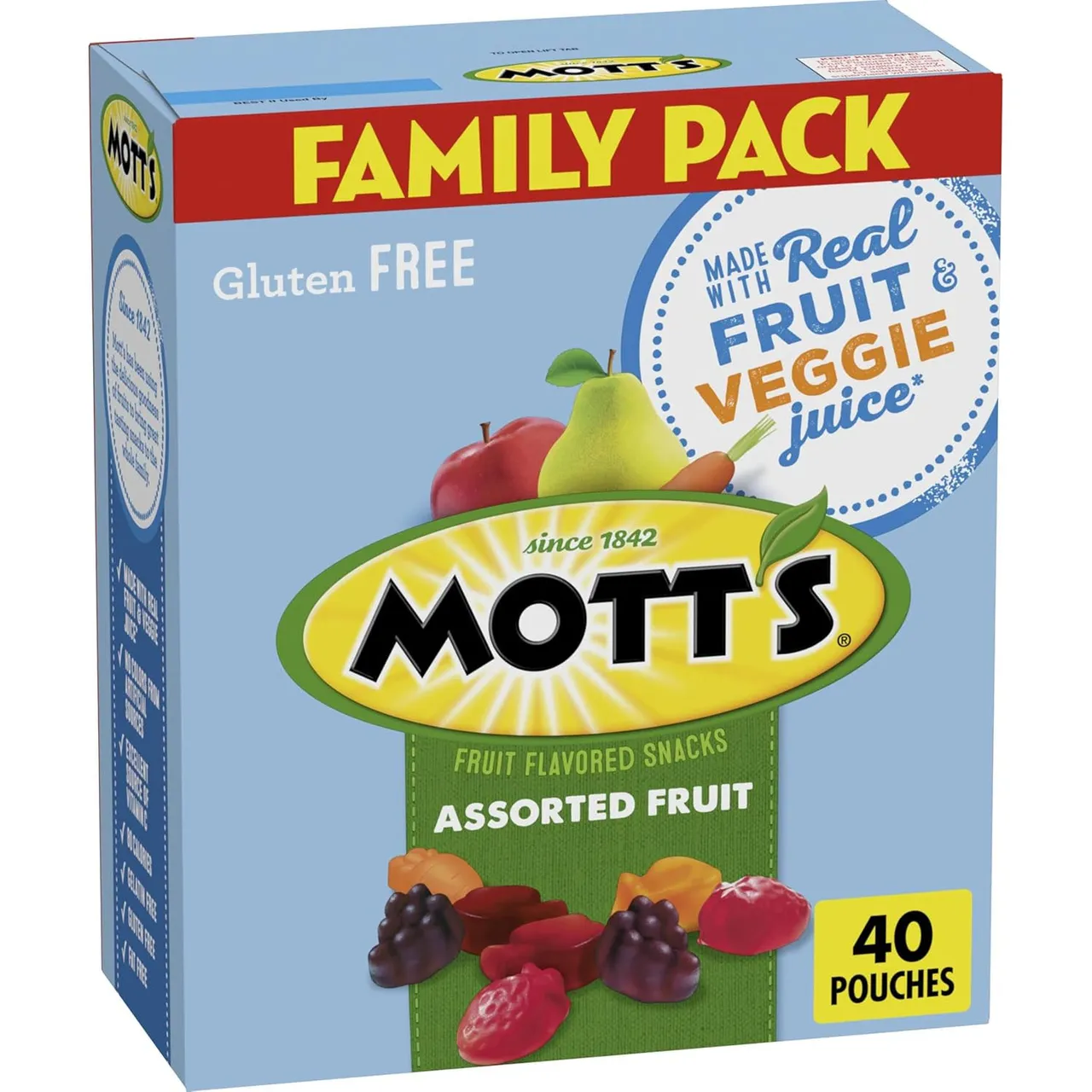 Mott's Assorted Fruit Flavored Snacks Family Pack: gluten-free, made with real fruit and veggie juice, contains 40 pouches.