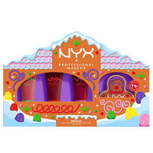 NYX Professional Makeup Smushy Kit features matte lip balms in a gingerbread house-themed package, including a novelty keychain holder shaped like a gingerbread figure.