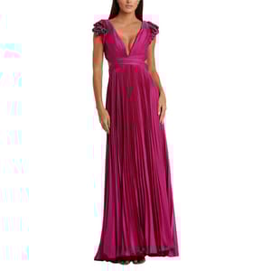 A vibrant magenta evening gown with a deep V-neckline, cinched waist, ruffled cap sleeves, and a flowing pleated skirt.