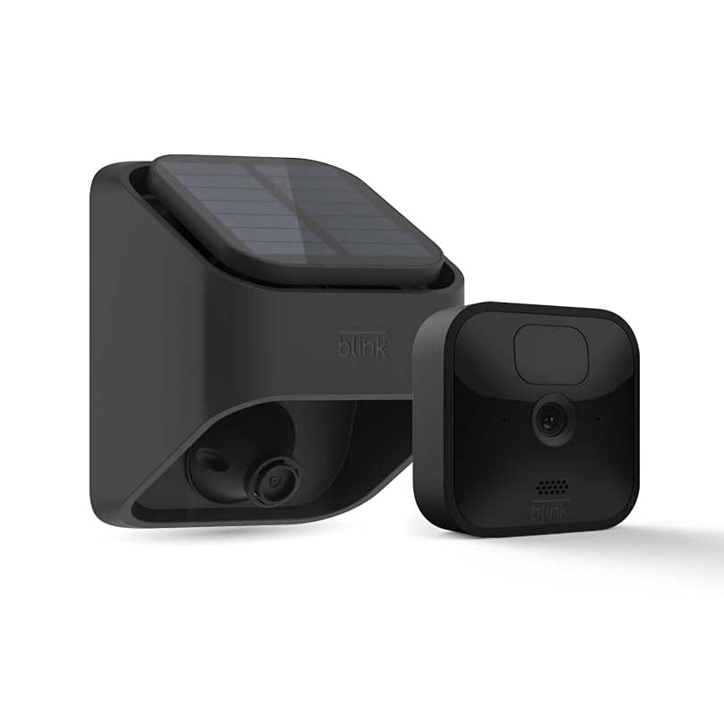 The image shows a Blink camera and solar mount. The camera is a compact, black square device designed for security, while the solar mount features a solar panel for energy efficiency, helping to power the camera.