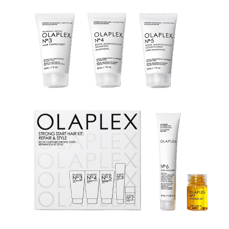 Olaplex Strong Start Hair Kit: includes No.3 Hair Perfector, No.4 Bond Maintenance Shampoo, No.5 Conditioner, No.6 Bond Smoother, and No.7 Bonding Oil.