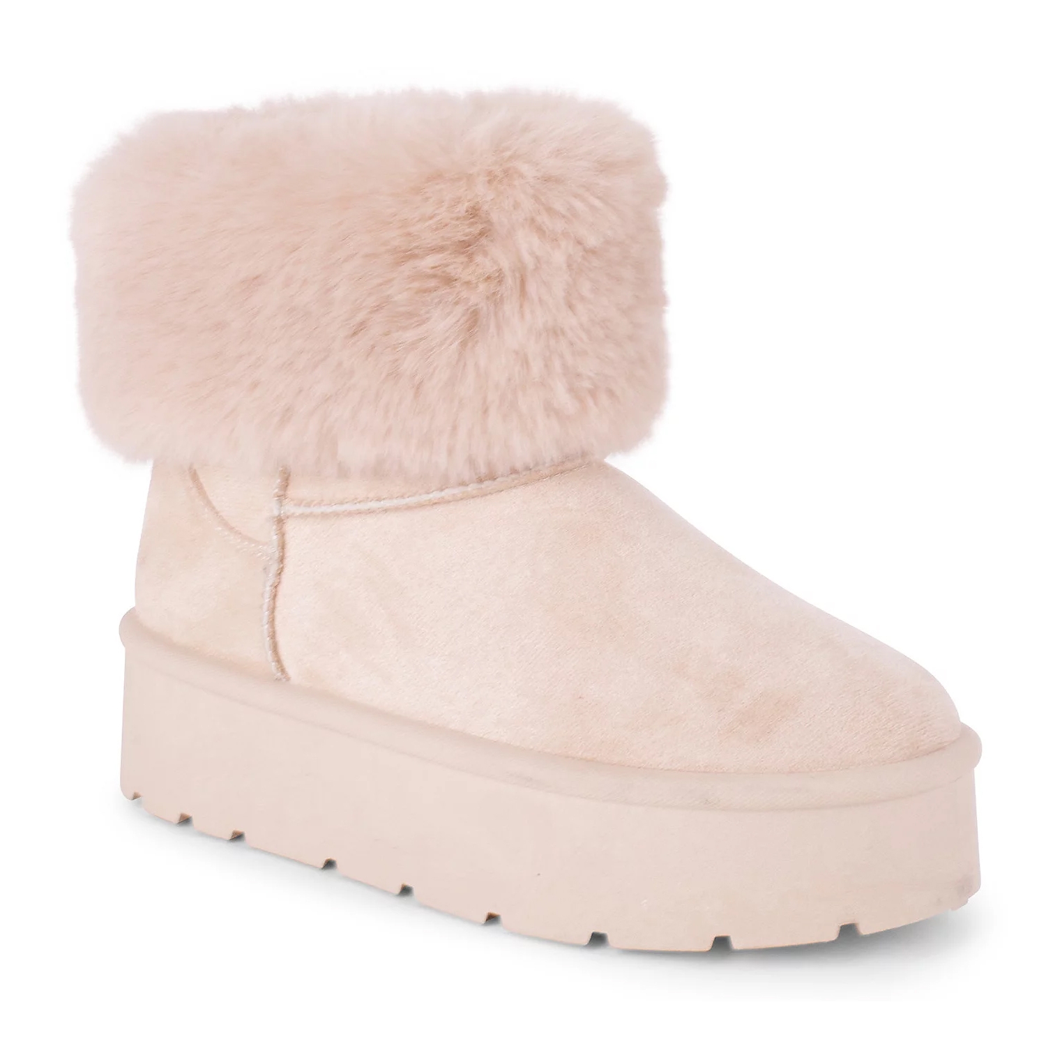 Danskin Cozy Boots are light pink, featuring a plush, fluffy cuff and a thick platform sole for added height and comfort. They have a suede-like texture, ideal for keeping feet warm in colder weather.