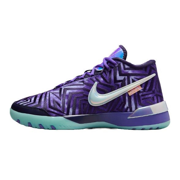 Purple sneaker with a geometric pattern, featuring a prominent Nike swoosh. The sole is a light turquoise color, and the sneaker has a high-top design with purple laces.