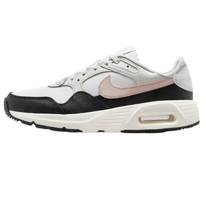 A pair of Nike sneakers with a white, black, and light pink color scheme, featuring a retro design with visible air cushioning in the midsole.