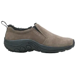 Merrell slip-on shoe with suede upper, shearling lining, and black rubber sole designed for comfort and casual wear.