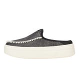 A slip-on shoe with a black fabric upper and white decorative stitching along the edge, featuring a thick white platform sole.