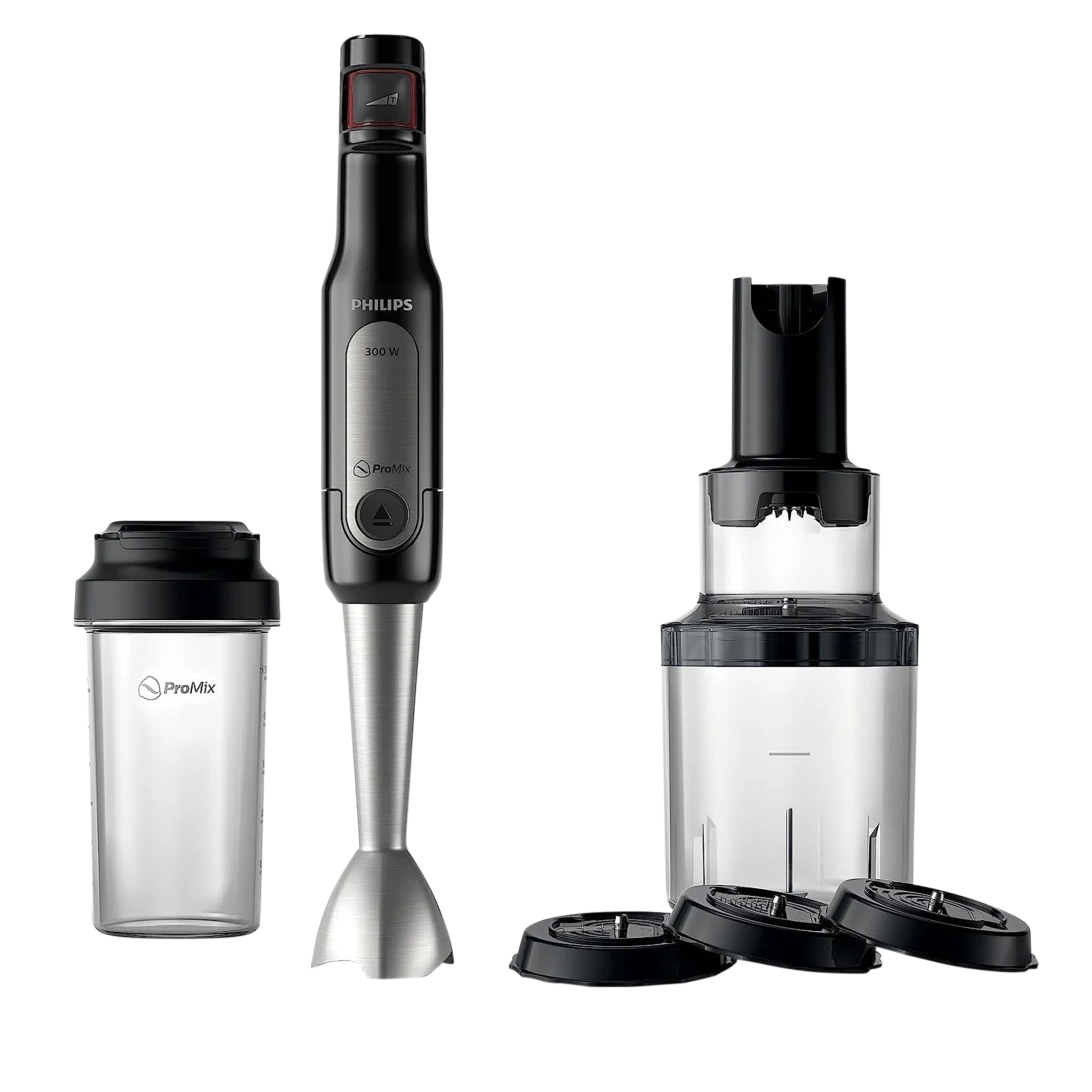 A 4pc Philips Hand Blender Set includes a 300W hand blender, a blending attachment, a tall blending beaker with lid, and a chopper accessory with multiple blade attachments, ideal for various kitchen tasks.