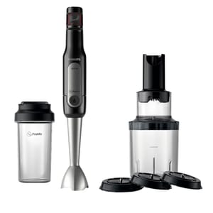 A 4pc Philips Hand Blender Set includes a 300W hand blender, a blending attachment, a tall blending beaker with lid, and a chopper accessory with multiple blade attachments, ideal for various kitchen tasks.