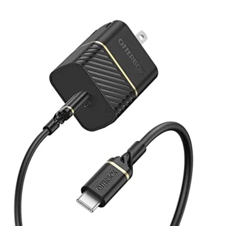 OtterBox USB-C Fast Charger features a black and gold design with a textured surface, includes a USB-C to USB-C cable, and supports fast charging for compatible devices.
