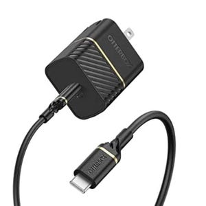 OtterBox USB-C Fast Charger features a black and gold design with a textured surface, includes a USB-C to USB-C cable, and supports fast charging for compatible devices.