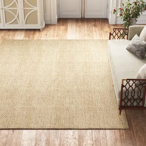 Kelly Clarkson's 5' x 8' Soprano Jute Rug is a textured, natural-colored rug placed on a wooden floor beside a patterned sofa and decorative pillows, offering an elegant and cozy look.