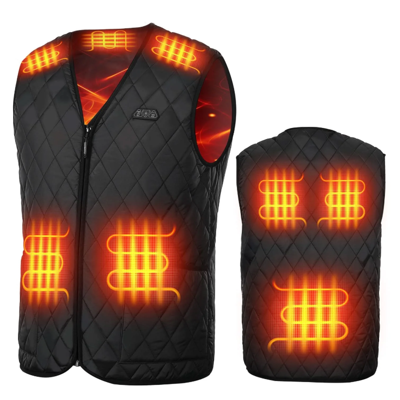 Heated vest with visible heating elements, designed for warmth, featuring a zippered front and quilted pattern.