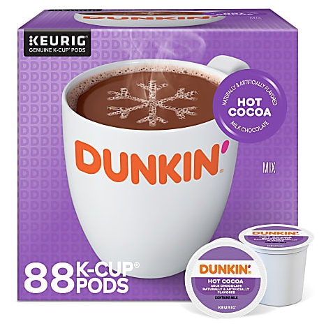 Dunkin' Hot Cocoa K-Cup Pods, naturally and artificially flavored milk chocolate, package of 88 pods for Keurig machines.