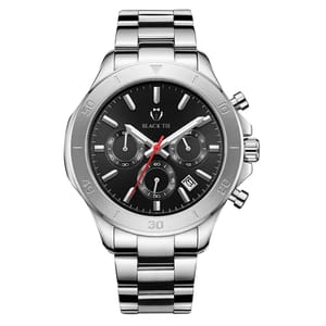 A stainless steel chronograph watch with a black dial featuring three subdials, a date display, and a red second hand.