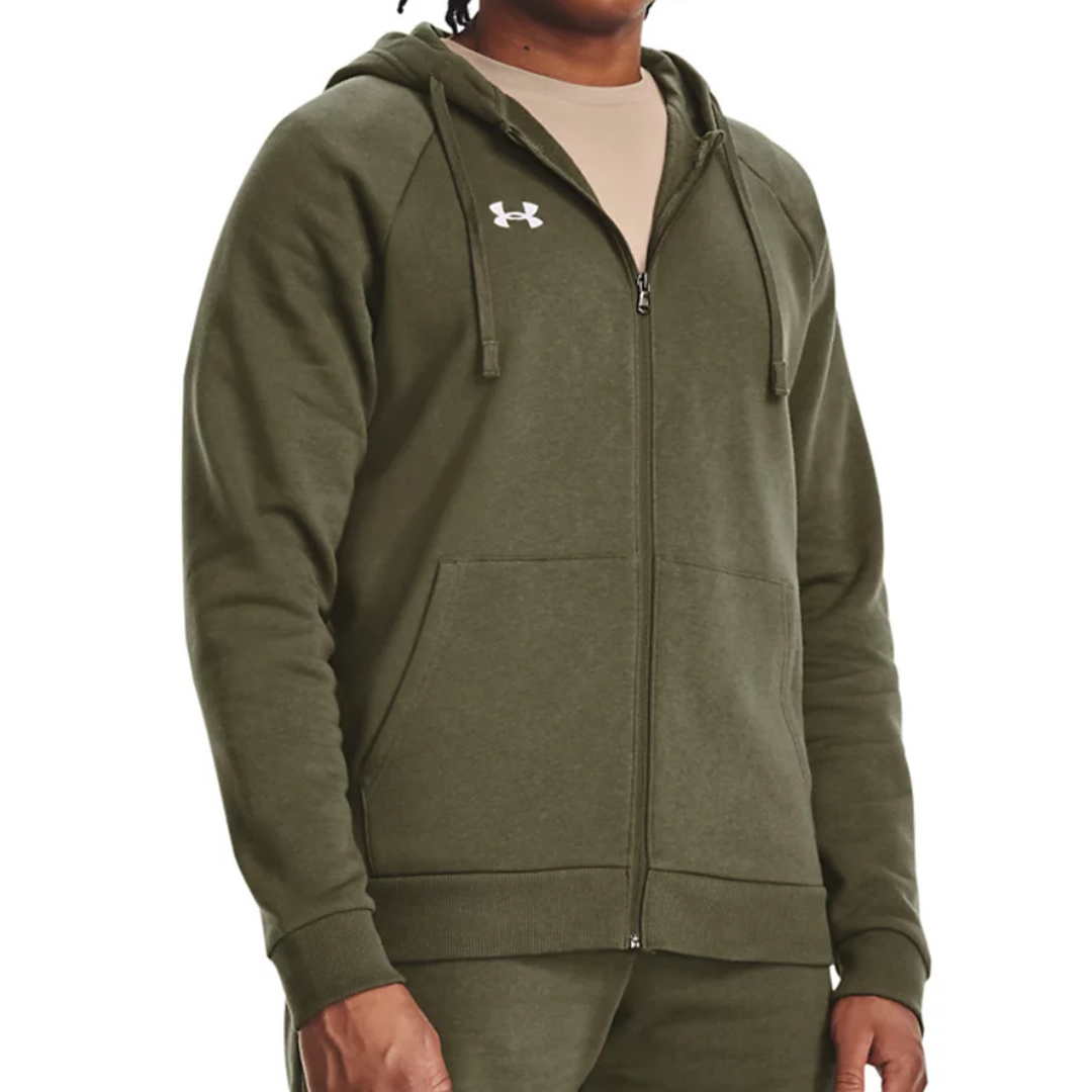 An olive green Under Armour full-zip hoodie featuring a white logo, with a drawstring hood and front pockets.