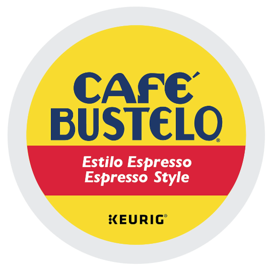 Café Bustelo Keurig K-Cup pod labeled in yellow and red, featuring \“Estilo Espresso\“ and \“Espresso Style.\“