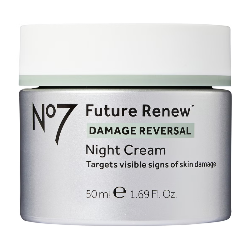 No7 Future Renew Damage Reversal Night Cream, 50 ml (1.69 Fl. Oz.), targets visible signs of skin damage.