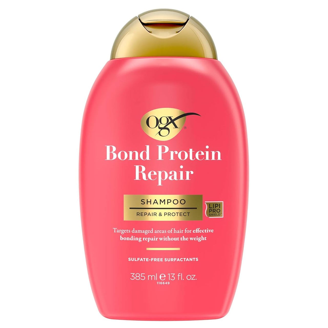 OGX Bond Protein Repair Shampoo, 385 ml, features sulfate-free surfactants and targets damaged hair areas for effective bonding repair without added weight.