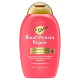 OGX Bond Protein Repair Shampoo, 385 ml, features sulfate-free surfactants and targets damaged hair areas for effective bonding repair without added weight.