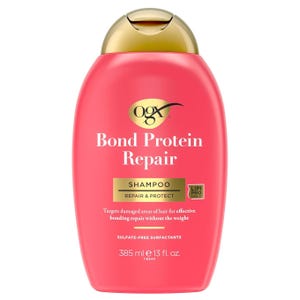 OGX Bond Protein Repair Shampoo, 385 ml, features sulfate-free surfactants and targets damaged hair areas for effective bonding repair without added weight.