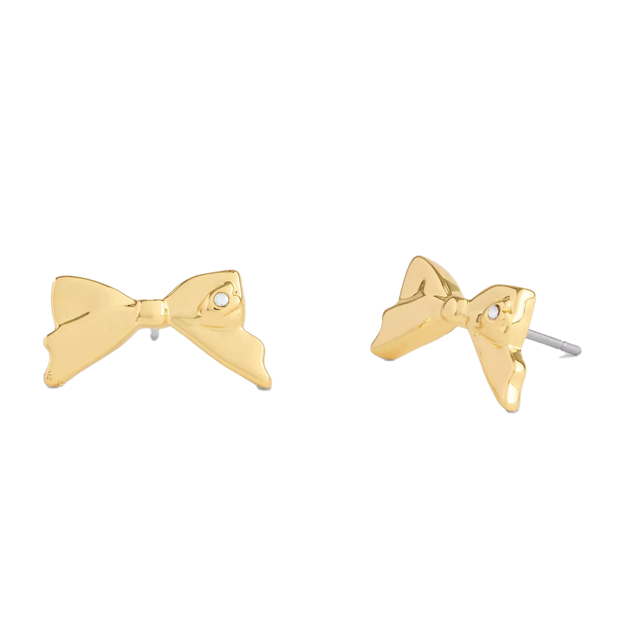 Gold-tone bow-shaped earrings with a stud design, featuring a small embedded stone for added detail.