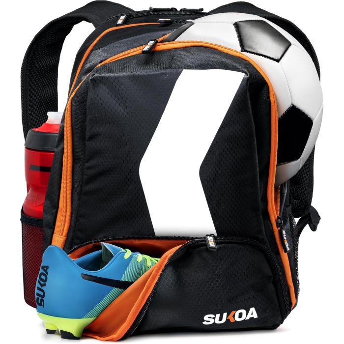 A backpack designed for soccer, featuring compartments for a ball, cleats, and a water bottle.