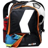 A backpack designed for soccer, featuring compartments for a ball, cleats, and a water bottle.