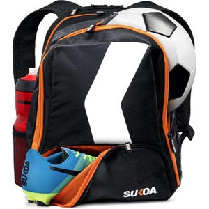 A backpack designed for soccer, featuring compartments for a ball, cleats, and a water bottle.