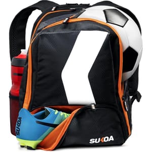 A backpack designed for soccer, featuring compartments for a ball, cleats, and a water bottle.