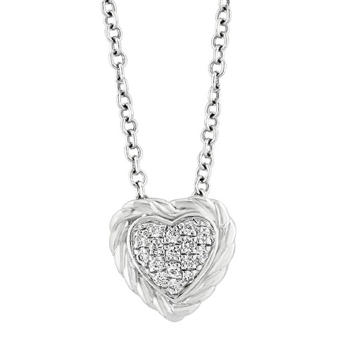 A silver necklace featuring a heart-shaped pendant with a braided edge and a cluster of small diamonds in the center.