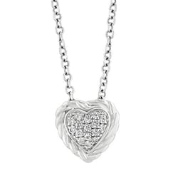 A silver necklace featuring a heart-shaped pendant with a braided edge and a cluster of small diamonds in the center.