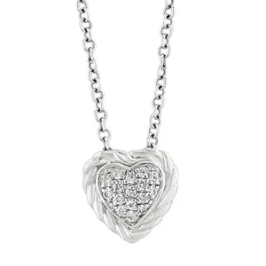 A silver necklace featuring a heart-shaped pendant with a braided edge and a cluster of small diamonds in the center.